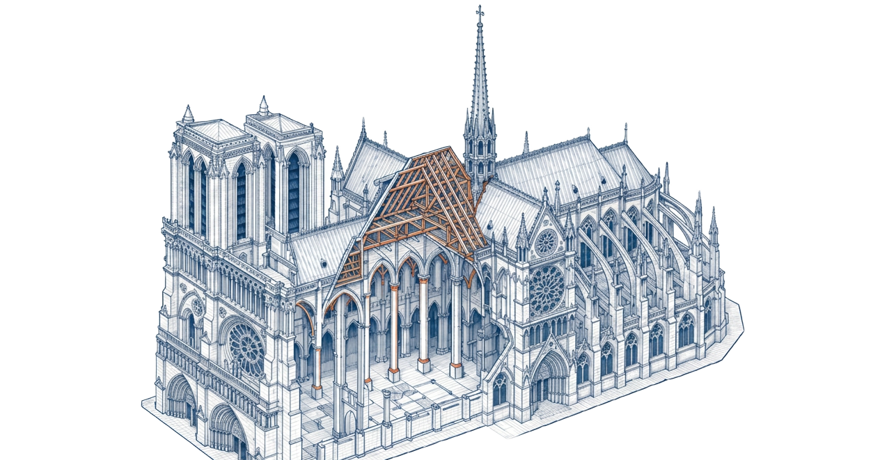 Ilustração isométrica da catedral gótica em blueprint com estrutura de madeira em destaque